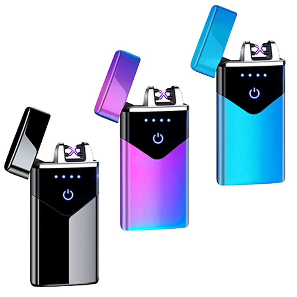 2021 Kettős Arc USB Elektronikus Öngyújtó LED Teljesítmény Kijelző Újratölthető Öngyújtó Szélálló Fém Újszerű Dohányos Kütyü Férfiak Ajándékok
