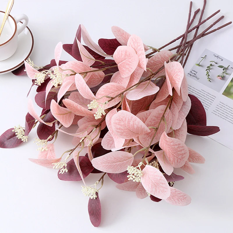 3pcs Rózsaszín művirágok Eukaliptusz Levelek Selyem Hamis Növények Olcsó Beltéri Nappali Megállapodás DIY Haza Esküvői Dekoráció