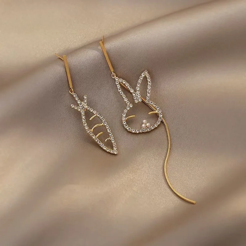 925 ezüst tű koreai divat aszimmetrikus gyöngy, gyémánt nyuszi fülbevaló hosszú fülbevaló temperamentum fülbevaló Kép 1 