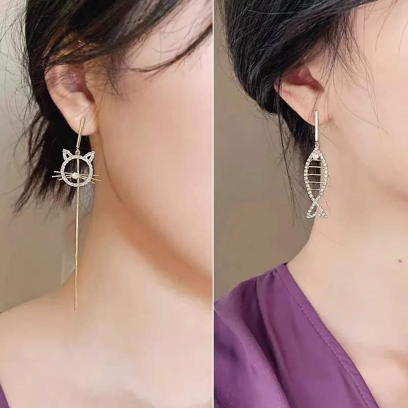 925 ezüst tű koreai divat aszimmetrikus gyöngy, gyémánt nyuszi fülbevaló hosszú fülbevaló temperamentum fülbevaló Kép 3 