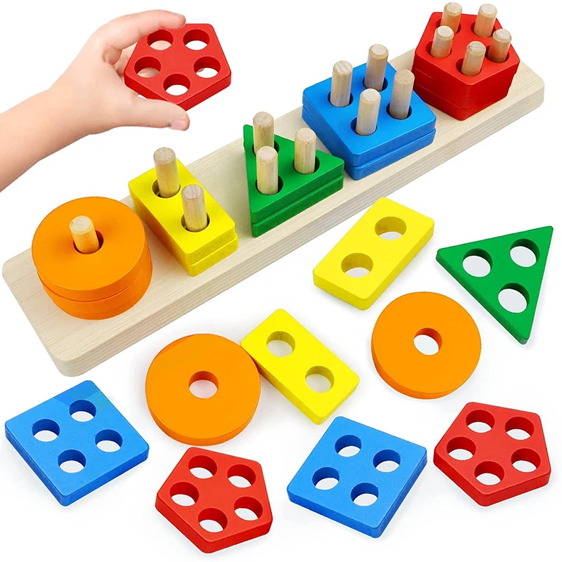 A gyerekek Négy-post Geometriai Modell építőkövei MontessoriToys Macaron JigsawPuzzle Oktatási Segédanyagok Gyerekeknek Fa Játékok