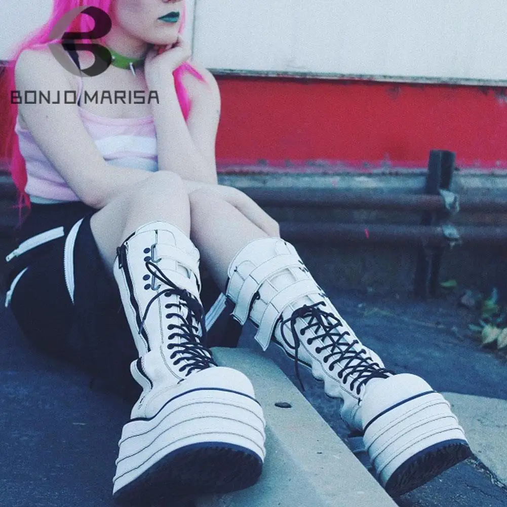 BONJOMARISA Márka Goth Platformot Ékek Punk Motorkerékpár Elleni női Csizma Király Utca Cipzárral Fehér Csat Divat Női Cipő