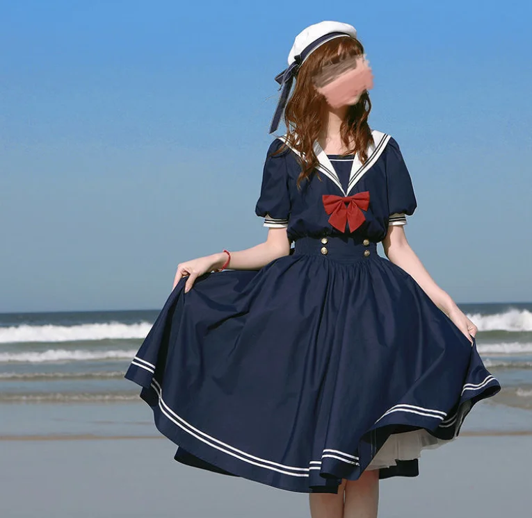COOLFEL Harajuku Tengerész Gallér Haditengerészet Ruha Japán Lolita Kawaii Íj - csomót Preppy Stílus Rövid Ujjú Ruha Nők 2021