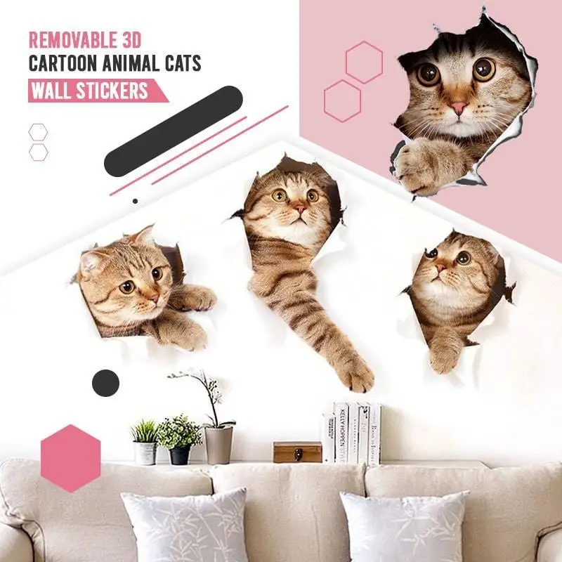 Cserélhető 3D-s Rajzfilm Állat Macskák falmatrica/2DB Fali Matrica Home-Decor Nappali 3d Macska Aranyos Lyuk-Élénk Megtekintése