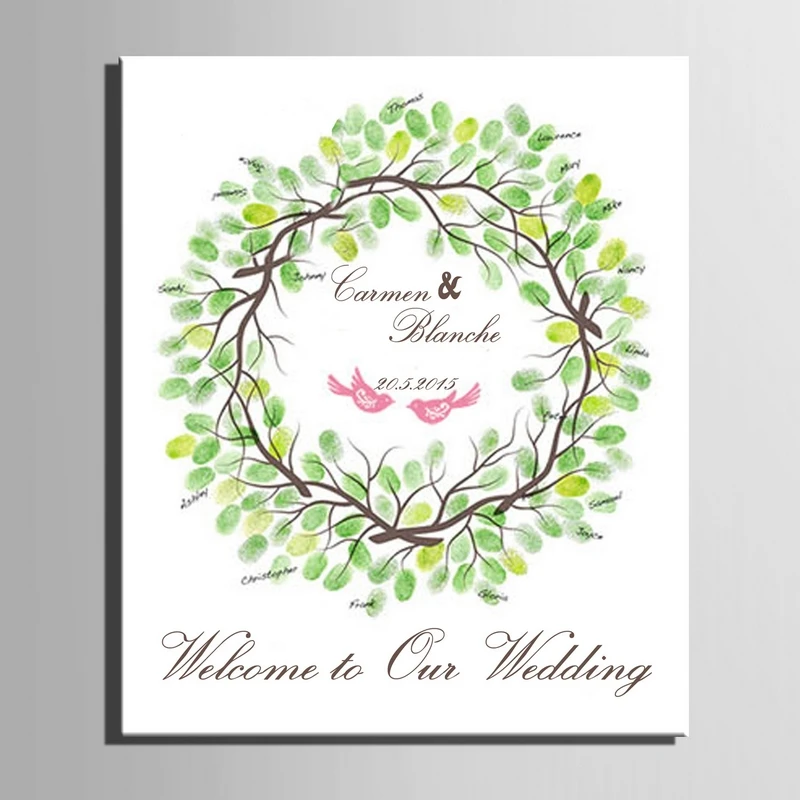 Esküvői vendégkönyv Személyre szabott vászon poszter Ujjlenyomat-Fa, Szívek falon Festmény Aláírás ujjlenyomat fa esküvő