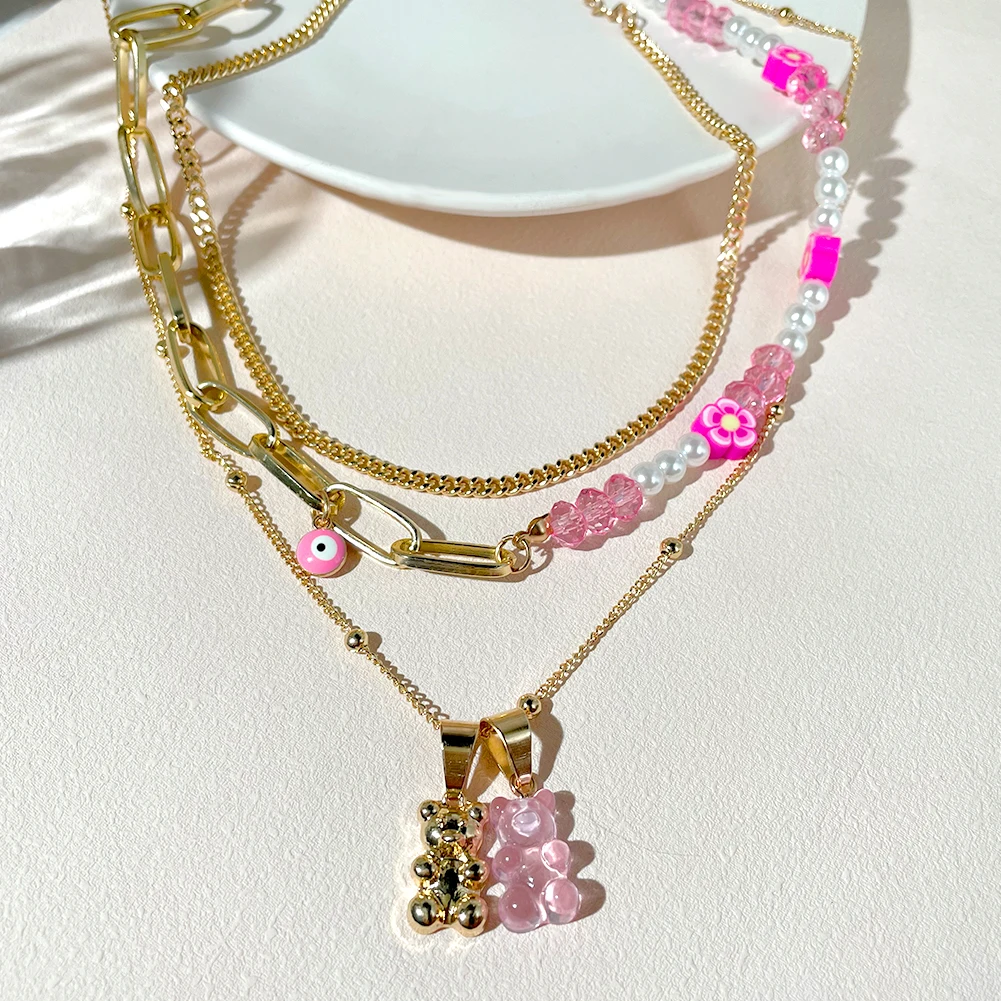 Harajuku Rózsaszín Állat Aszimmetria Gyöngy Nyaklánc Női Bohém Arany Színű Gyöngy Lánc, Lánc Y2K koreai Többrétegű Ékszerek 2022 Kép 2 