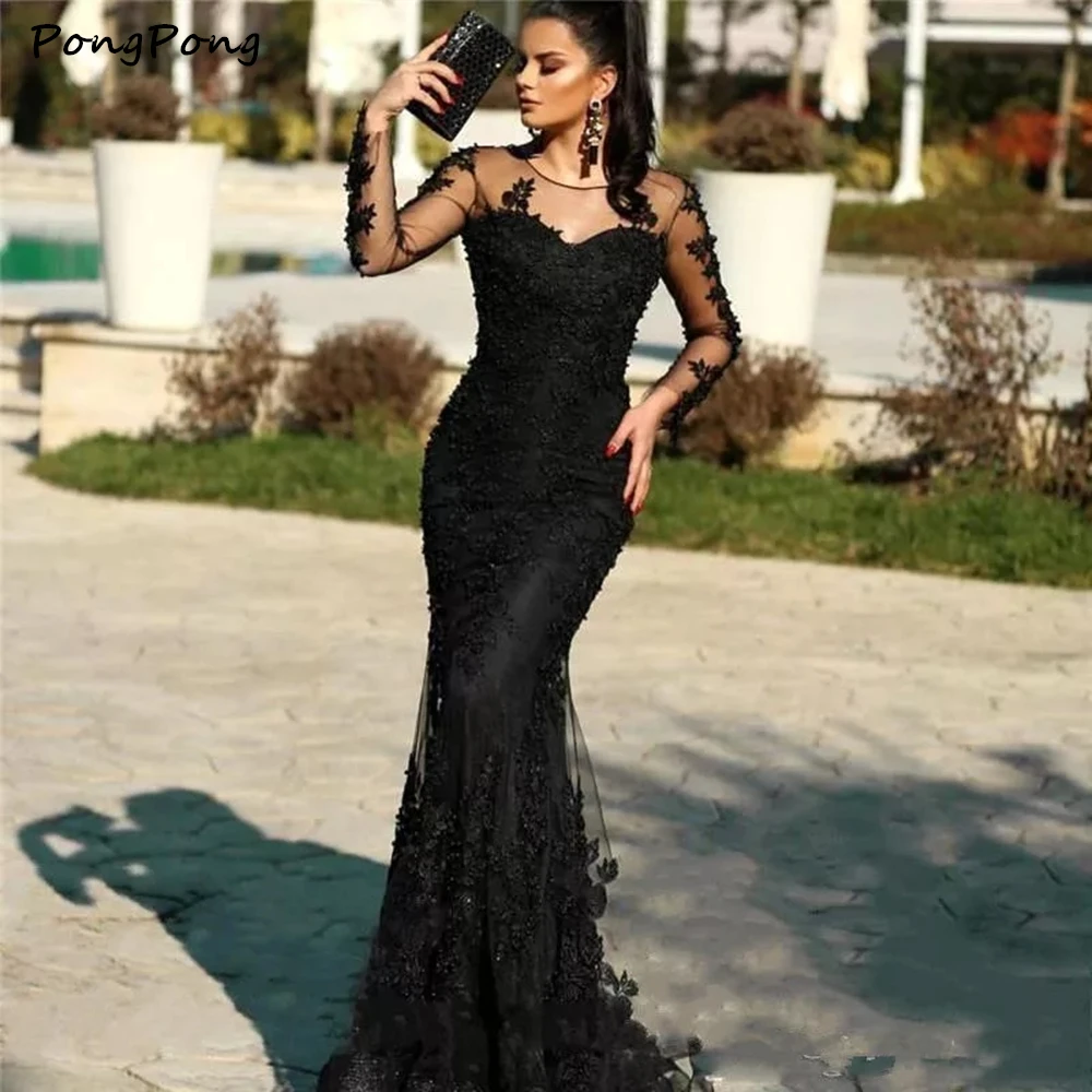 Hosszú Ujjú Szexi Fekete Hableány Estélyi Ruhák 3D Csipke Vestido de festa longo Gyöngyfűzés Dubai Este Fél Ruhák