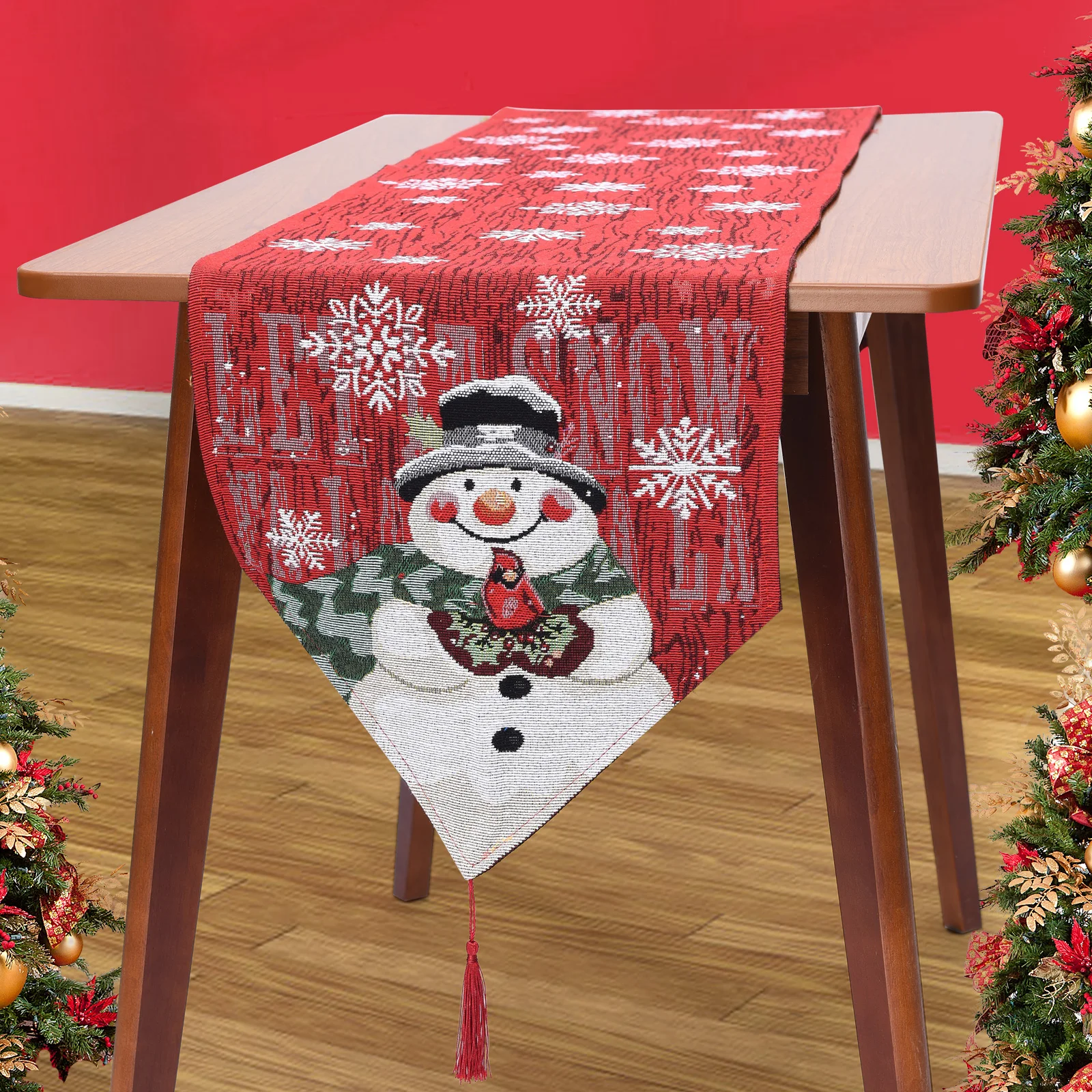 Karácsonyi Asztali Futó Home Hotel Pamut, Vászon Hóember Hímzés Asztal Dekoráció Piros Gyönyörű, Gyönyörű Gobelin Tartós