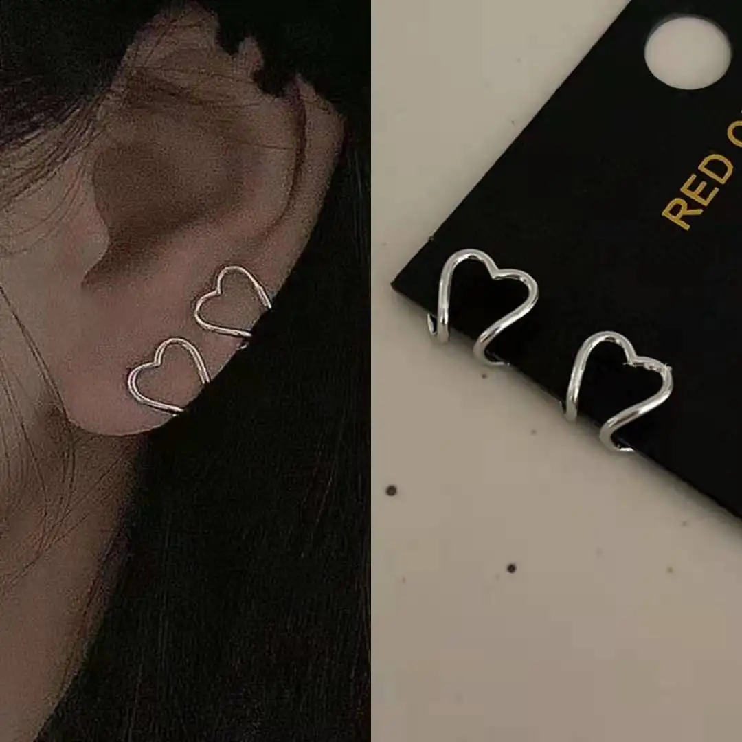 Korea Ezüst Színű Fém Geometriai Szív fülbevaló Egyszerű C-alakú Fül Klip Fül Wrap Fülbevaló Női Esztétikai Ékszerek серьги