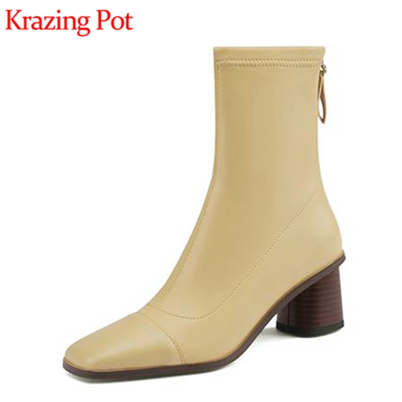 Krazing Pot igazi tehén bőr téli modern csizma nagy méret 42 kör toe vissza zip vastag, magas sarkú cipő, retro divat boka csizma l10