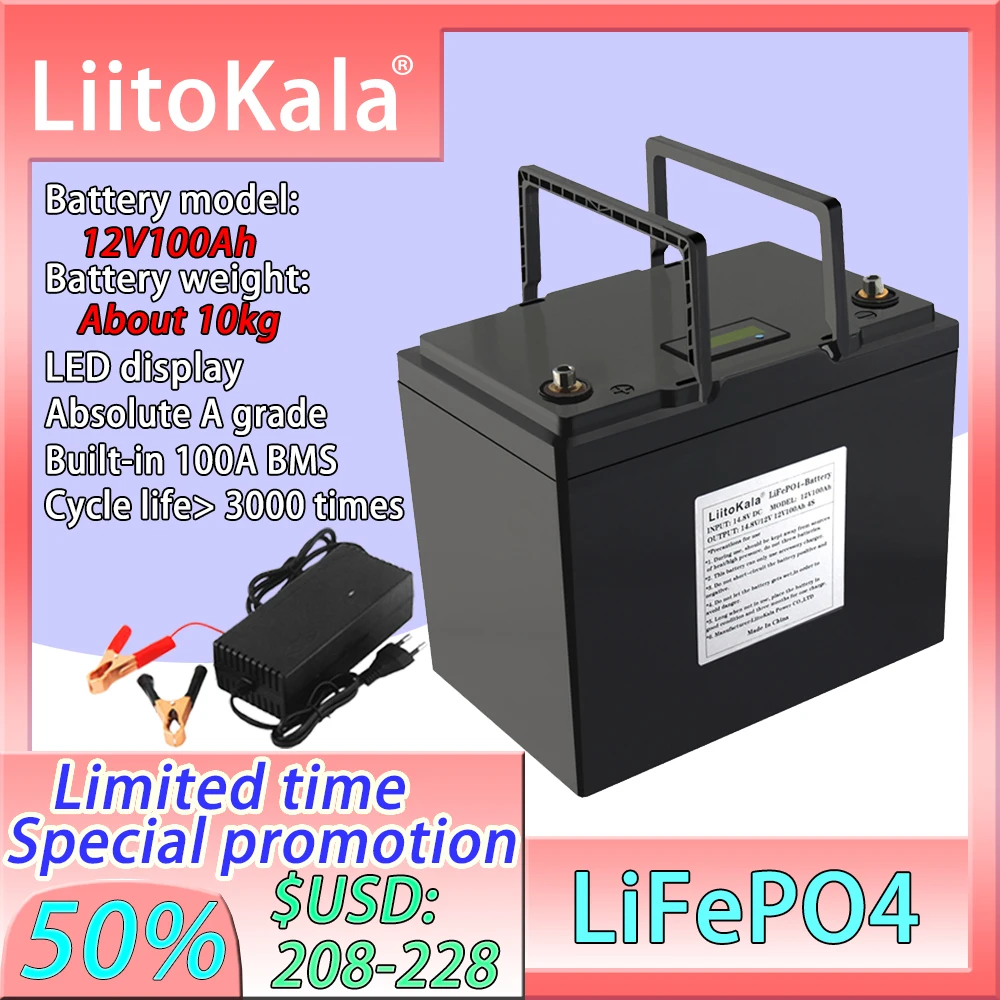 Liitokala hordozható akciós 12V 100ah Lifepo4 akkumulátor, vízálló 12,8 v akkumulátor tengeri motor, inverter, stb.