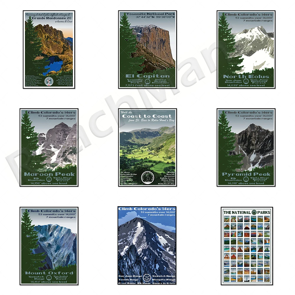 Nemzeti Park Poszter, Yosemite, West Highland Út, Boulder Flatiron, a Brit Tengerparton, a Kis Medve Csúcs Ujjlenyomat, Colorado 14ers, Na
