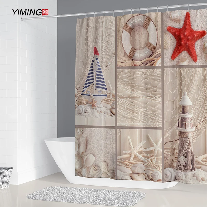 Retro csillag shell nyomtatás fürdőszobában zuhanyzó függöny mosható függöny poliészter vízálló lakberendezési függöny horog Kép 1 