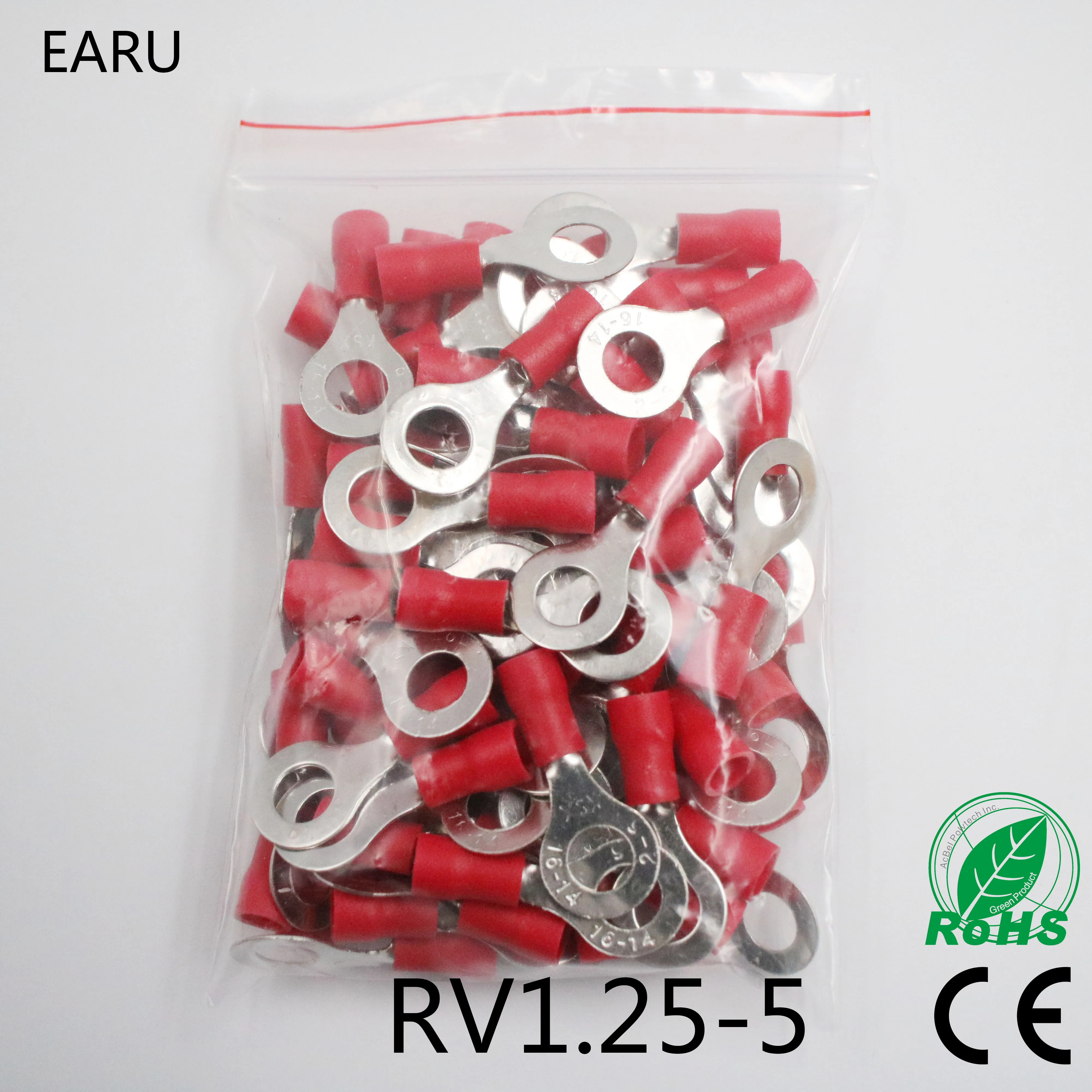 RV1.25-5 Piros Szigetelt Hullám Gyűrű Terminál, Kábel Vezeték Csatlakozó 100/Csomag RV1-5 RV