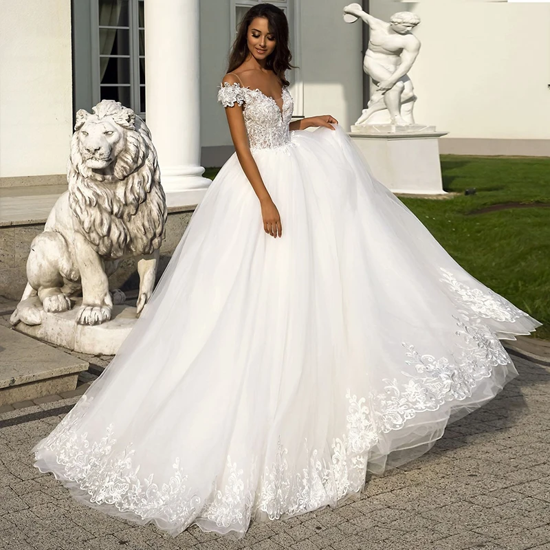 Szexi Cap Ujjú Ball Ruha Esküvői Ruha Tüll Menyasszonyi Ruha Vintage Hercegnő Álom вечернее платье 2021