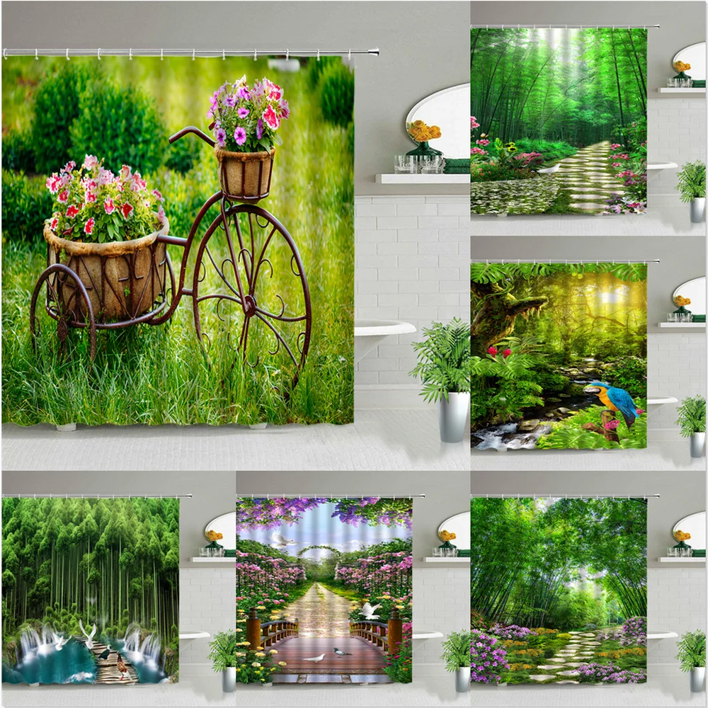 Természetes Táj Zöld Bambusz Virág Madarak Növény Zuhanyzó Függöny Erdő Tavaszi-Nyári Táj Fürdőszoba Decor Ruhával Függöny Szett Kép 0 