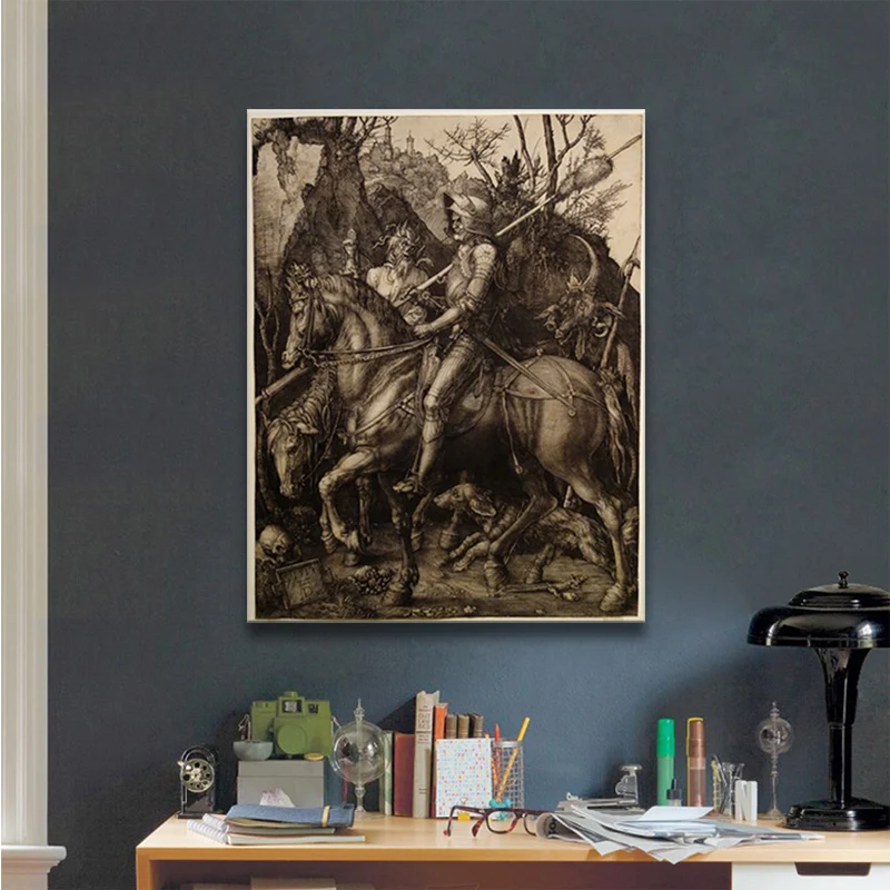 Vászon Albrecht Dürer《A Lovag, a Halál, Az Ördög》Művészeti Olaj festmény, Grafika, Kép Modern Fali dekoráció, Otthon Dekoráció