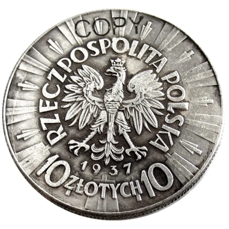 1937-Ben Lengyelország 10 Zlotych Ezüst Bevonatú Másolás Érme Kép 0 