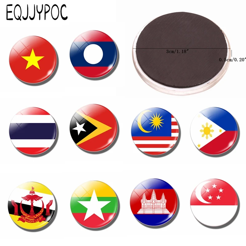Délkelet-Ázsiai Zászló Szuvenír Hűtő Mágnes, Hűtő Dekoratív Mágneses Matrica Mianmar Brunei Kambodzsa, Kelet-Timor, Laosz Kép 0 