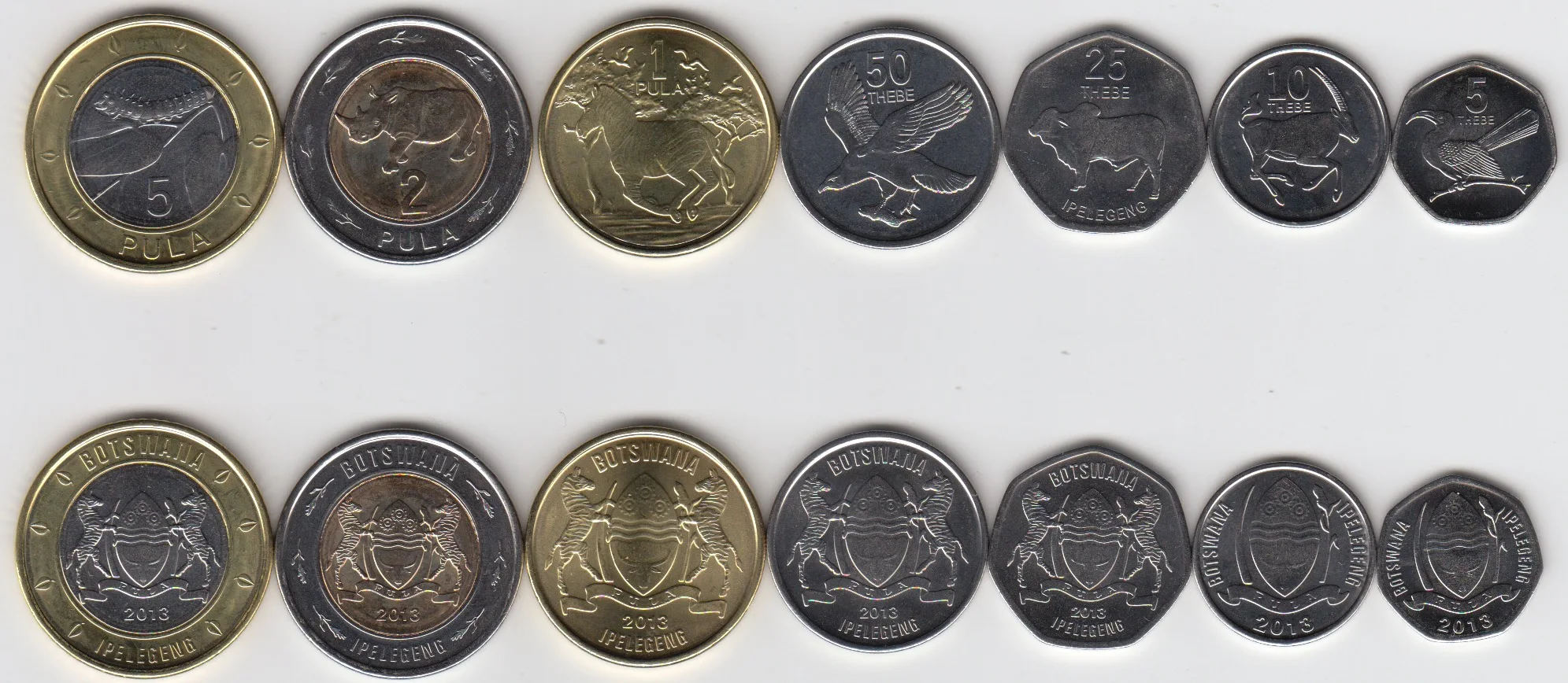 Egy sor 7 Botswana érmék 2013-as kiadás 100% - ban Hiteles, Eredeti Érme Gyűjtők UNC