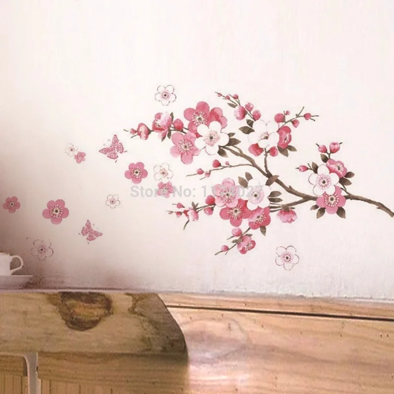 Fali Matricák Hálószoba, Gyerek Szoba DIY Peach Blossom Virág, Pillangó Bakelit Art Matricák Freskó Romantikus Flora lakberendezés Tartozékok Kép 0 