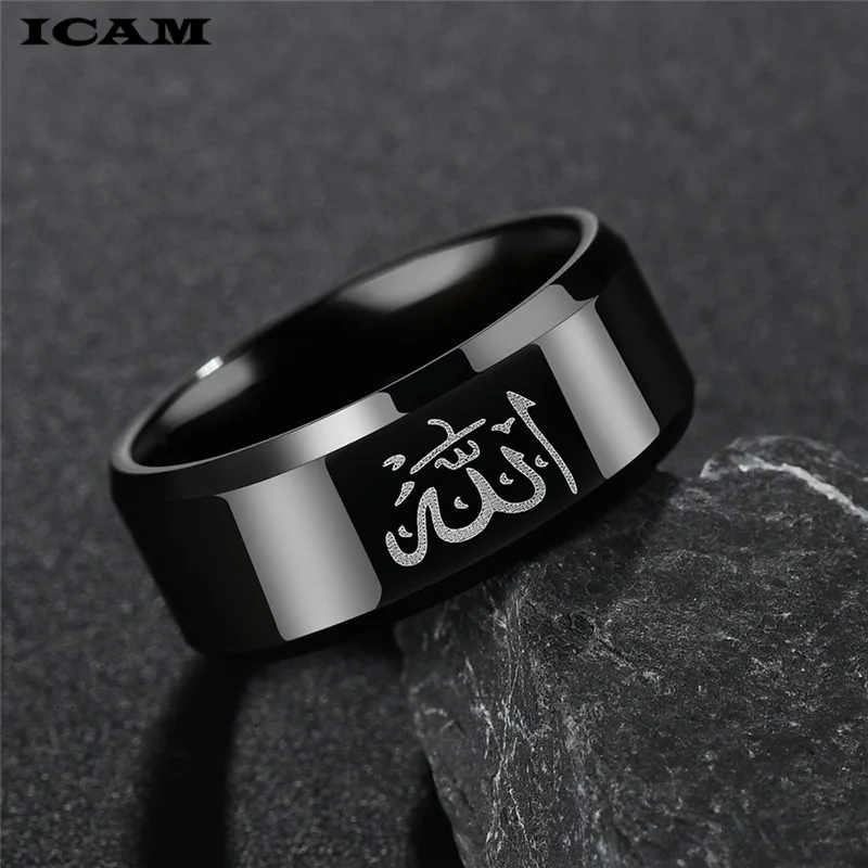 ICAM Divat Fekete Muzulmán Allah Gyűrű, 8 mm-es Titán Rozsdamentes Acél Gyűrű, Férfi Ékszerek, Matt Kész MINKET Méret 7 -13