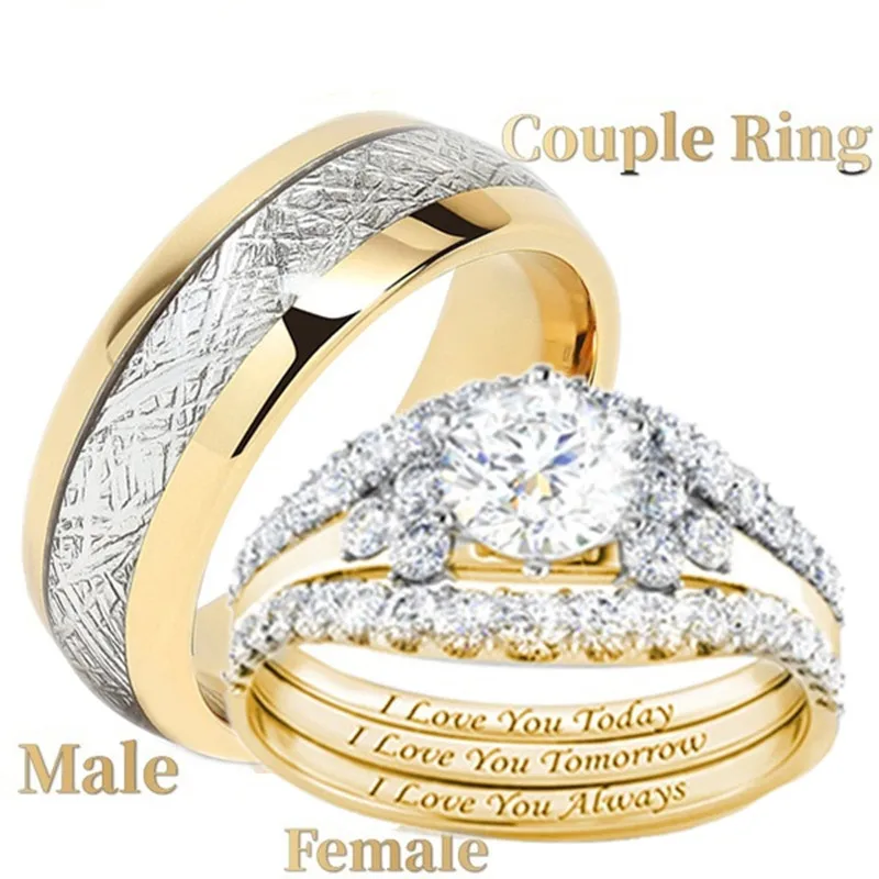 Pár Gyűrű Női Divatos Moissanite Arany Ígéret Esküvői Eljegyzési Gyűrű Készlet Férfi Rozsdamentes Acél Gyűrű Juego De Anillos