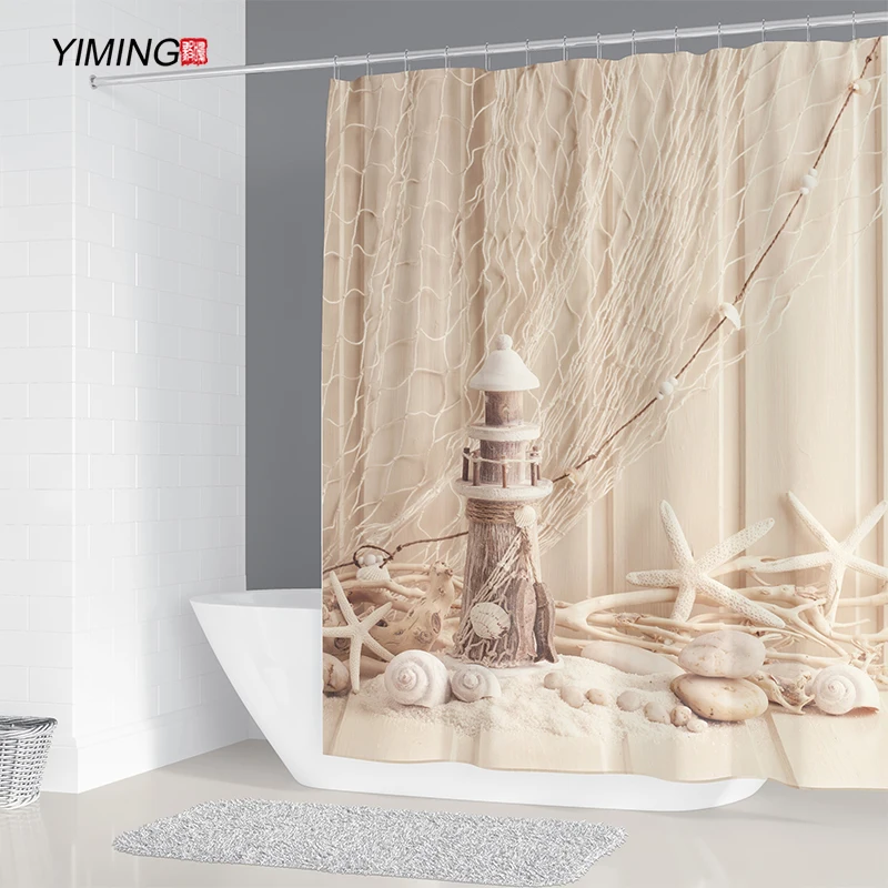Retro csillag shell nyomtatás fürdőszobában zuhanyzó függöny mosható függöny poliészter vízálló lakberendezési függöny horog