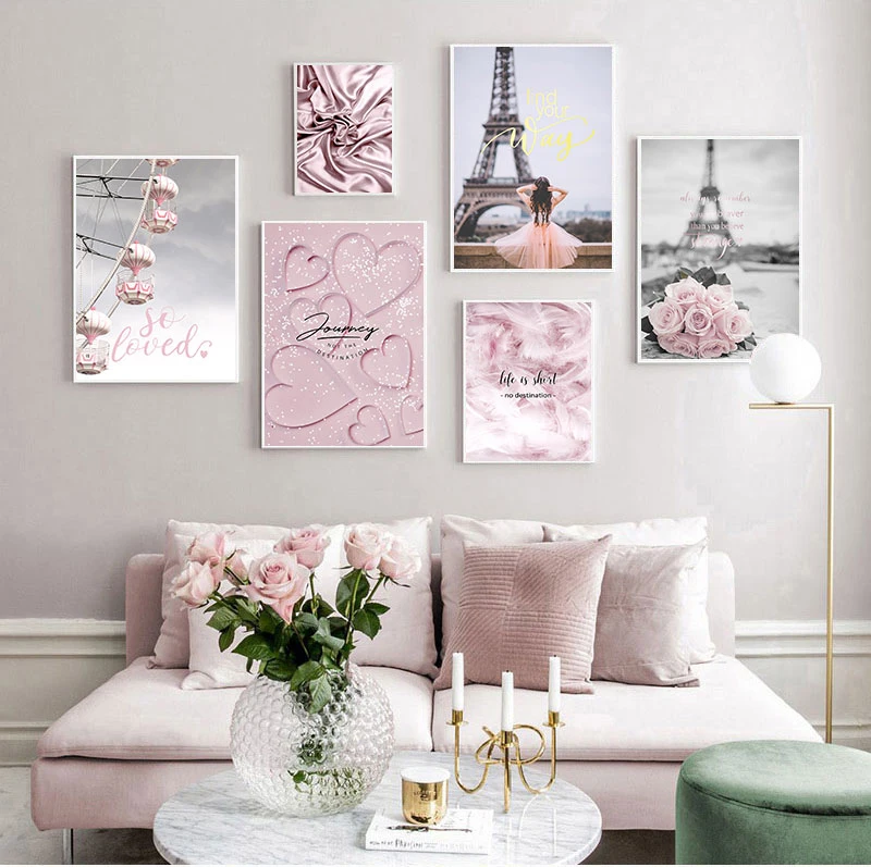 Romantikus Franciaország Párizs Rózsaszín Virág Toll Vászon, Poszterek, Nyomatok, Lány Skandináv Szerelem Wall Art Festmény Dekorációs Képek