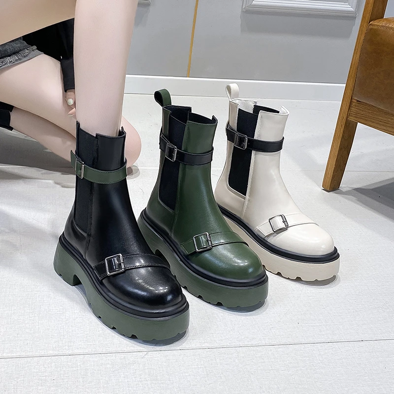 Őszi Luxus Chelsea Boots 2021 Női Boka Csizma, Vastag talpú Téli Cipő, Platform Punk Csizma Vaskos Sarkú Bőr Csizma 6cm Kép 5 